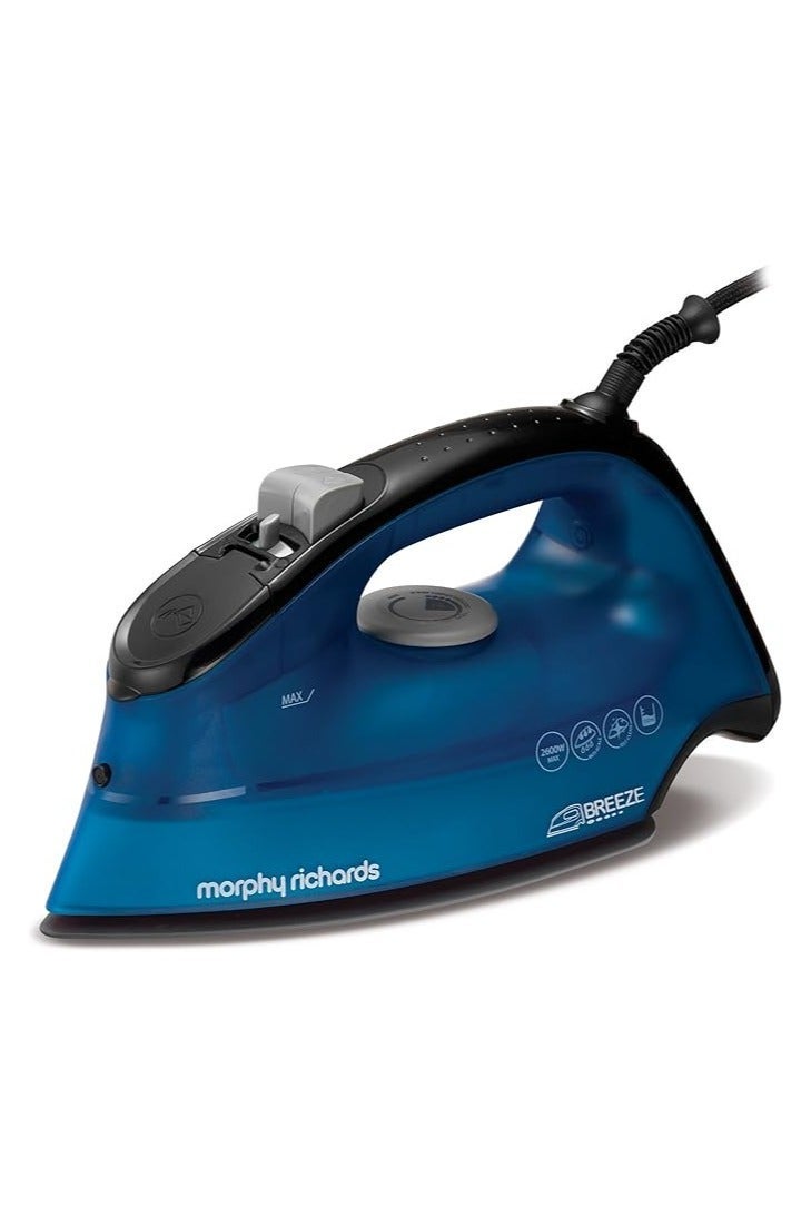 مورفي ريتشاردز مكواة بخار بريز 2600 واط – قاعدة سيراميكية مزدوجة، تعزيز بخار 115 جرام و45 جرام من البخار المستمر، خزان سعة 350 مل، مقاومة للتكلس، إيقاف تشغيل تلقائي، سلك دوّار 360 درجة(أزرق/أسود) - Image 1